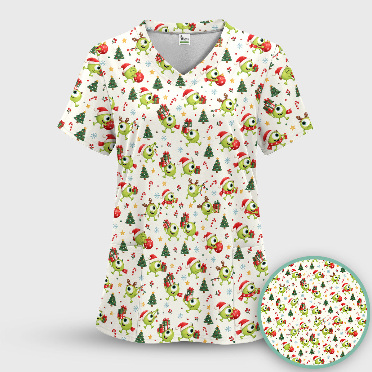 Christmas One Eyed Green Monsters Scrub Top, Comfortable Scrubs for Nurses