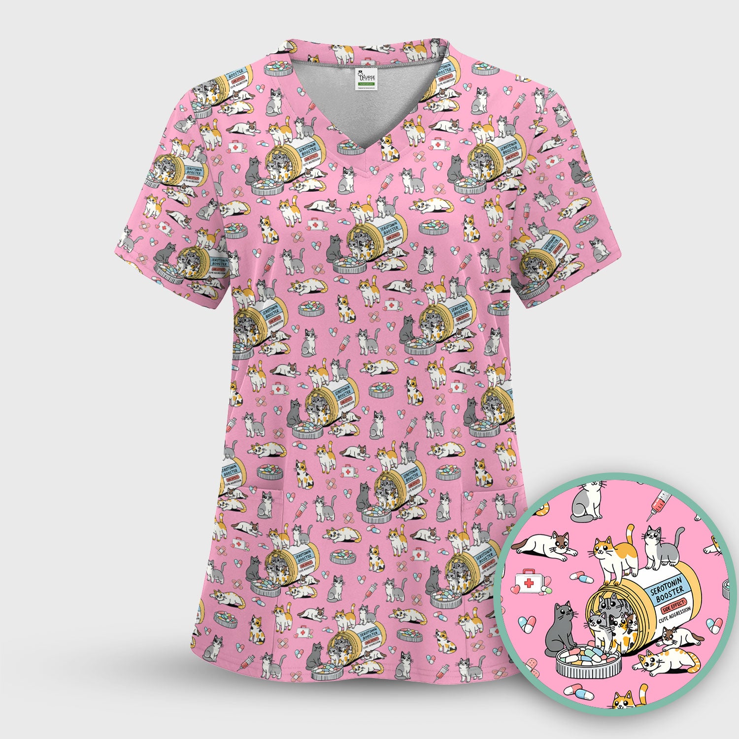 Cute Cat Serotonin Booster Pattern Scrub Top, Comfortable Scrubs for Nurses