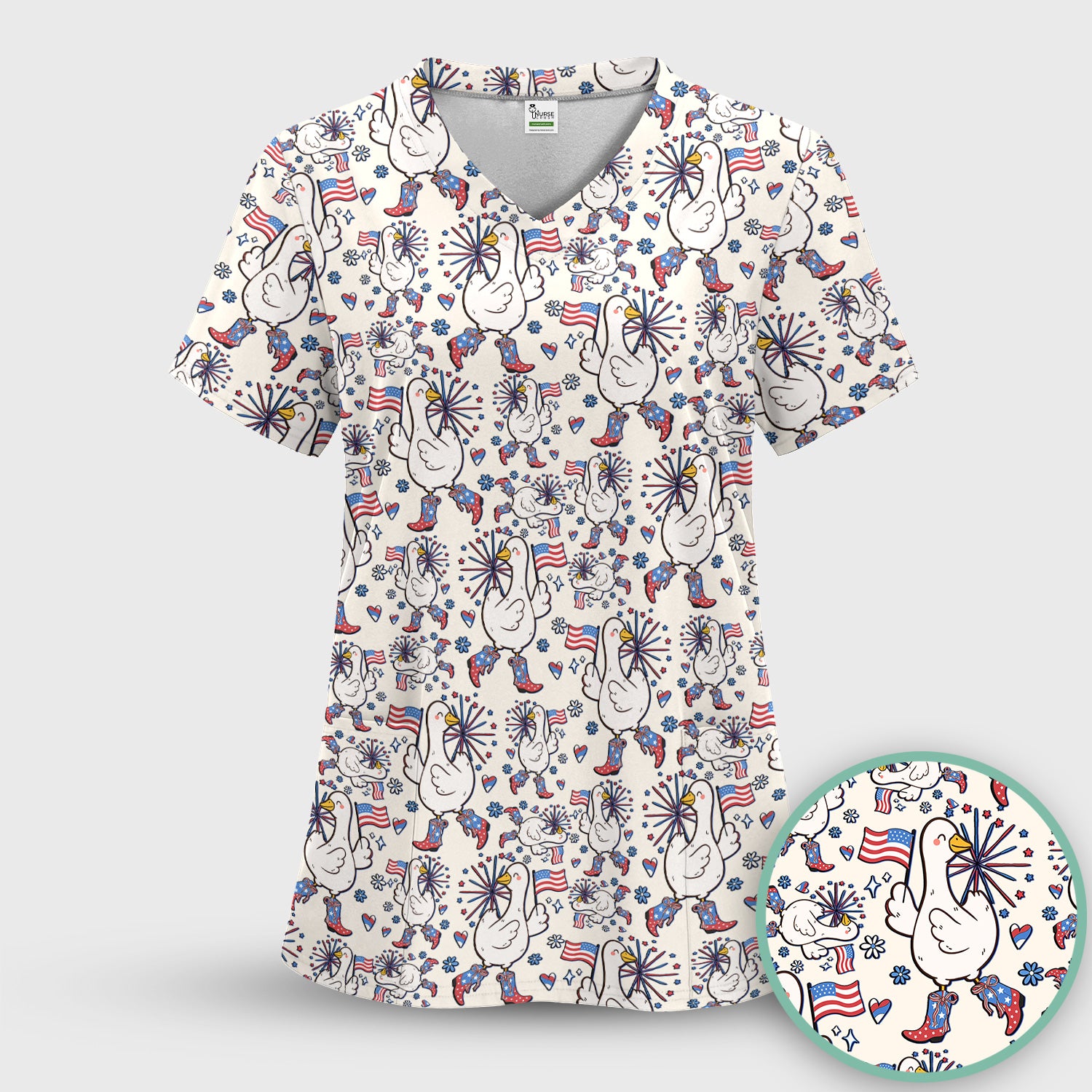Patriotic Goose With USA Flag Fireworks Scrub Set, Breathable Fabrics Nursing Uniform