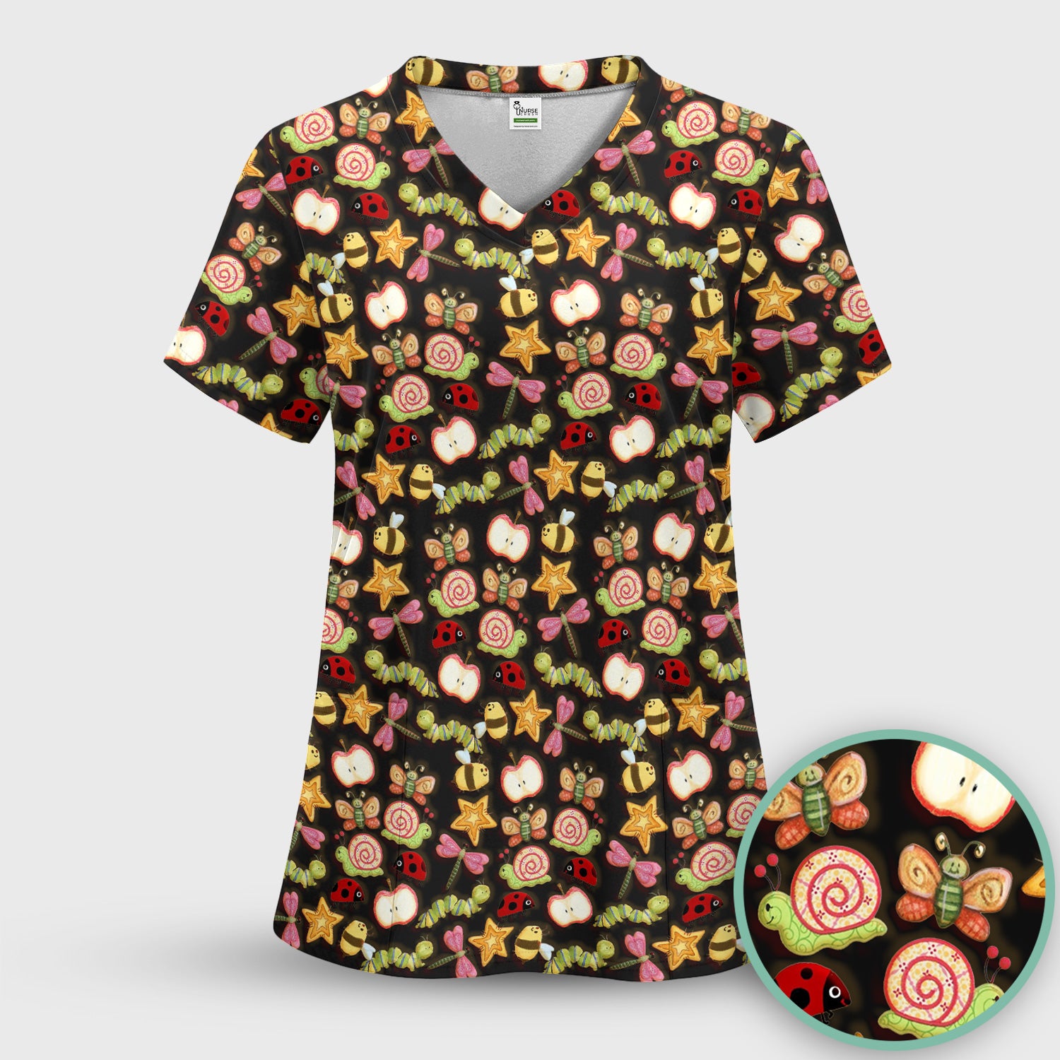 Cute Nurse Snail Ladybug Caterpillar Apple Garden Pattern Scrub Top, Breathable Fabrics Nursing Uniform