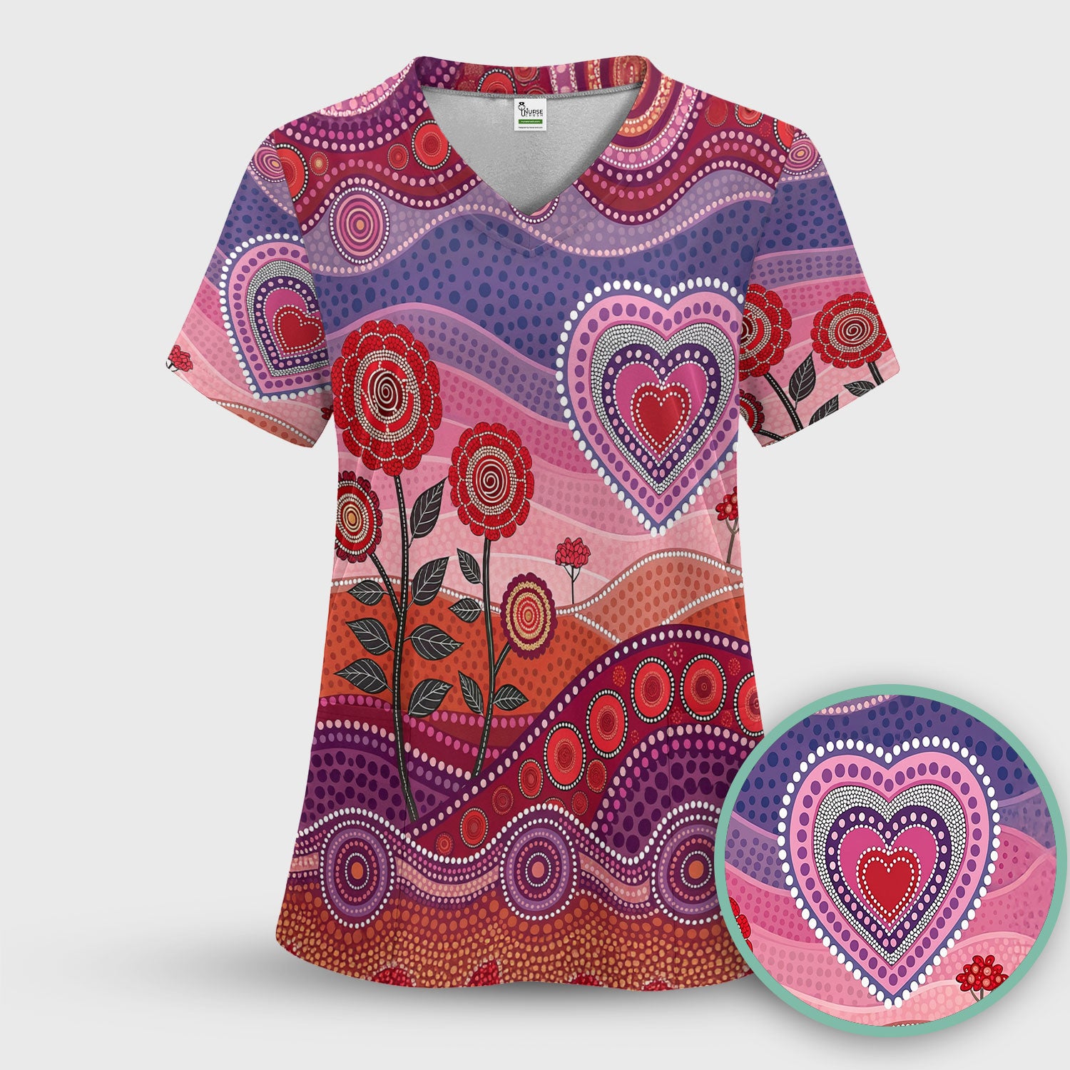 Boho Dot Art Valentine Scrub Set, Artistic Heart Pattern Nurse Shirt, Comfortable Scrubs For Nursing