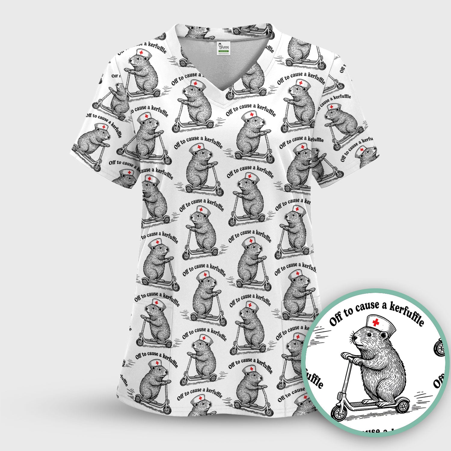 Funny Nurse Mouse Scooter Print Women's Scrub Set, Scrub Pants and V Neck Top