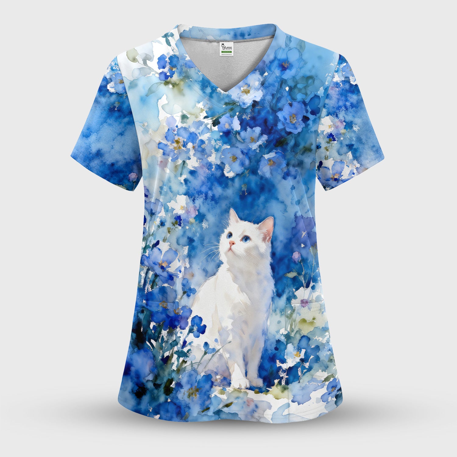 Adorable Blue Floral White Cat Pattern Scrub Top, Comfortable Scrubs for Nurses