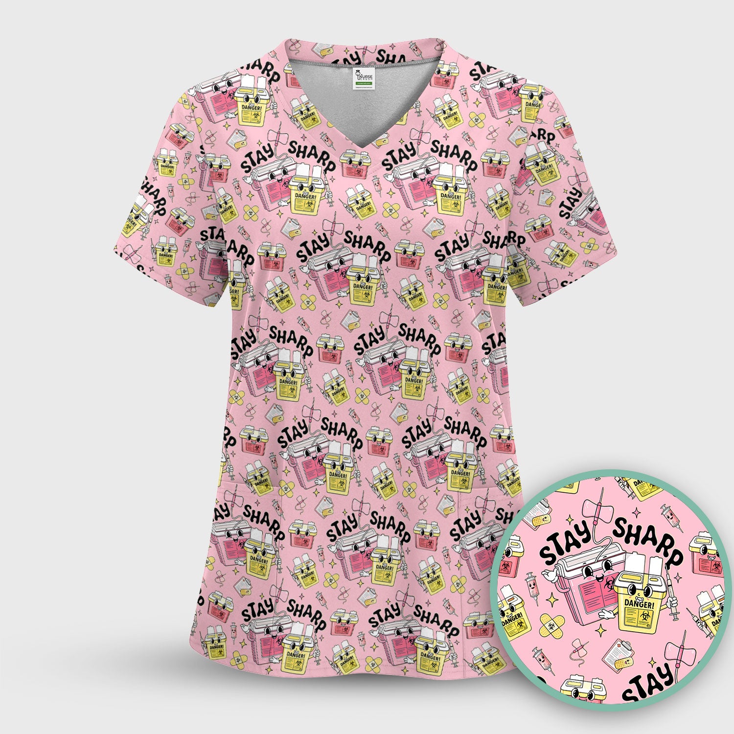 Stay Sharp Nurse Scrub Set, Cute Medical Pattern Scrubs, Breathable Fabrics Nursing Uniform