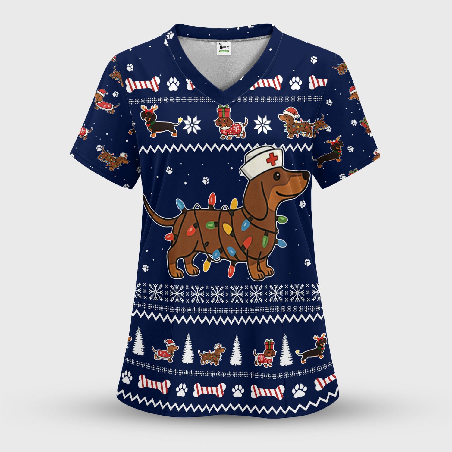 Christmas Dachshund Nurse Scrub Top for Women - Cute Sausage Dog Wearing Lights - Funny Holiday Medical Shirt Gift for RN CNA LPN