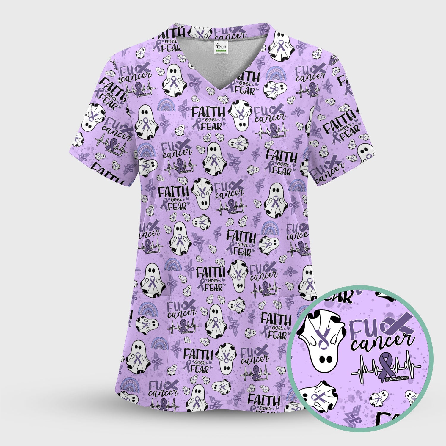 Periwinkle Ribbon Stomach Cancer Scrub Set for Women - Awareness Nurse Scrub Pants and V Neck Top - November Warrior Survivor Gift
