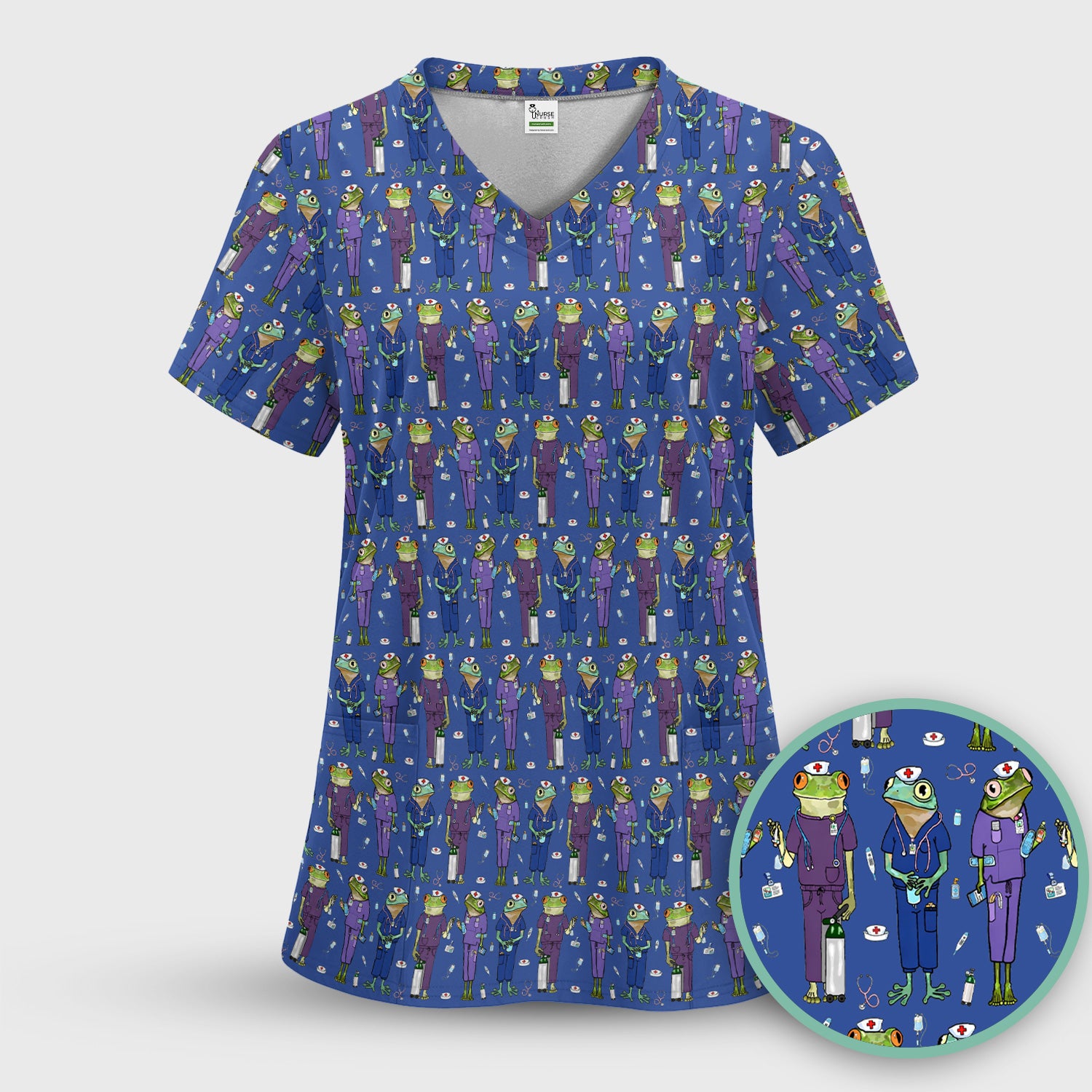 Funny Frog Nurse Pattern V Neck Scrub Top for Healthcare Workers