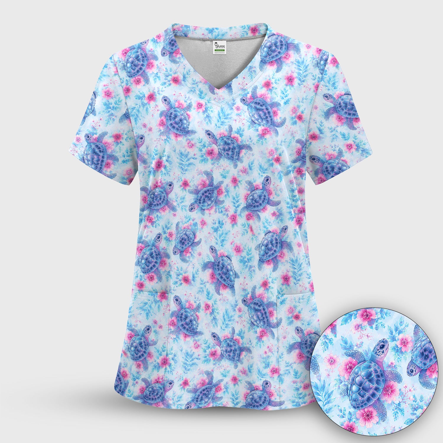Cute Sea Turtle Floral Print Scrub Top, Comfortable Scrubs for Nurses