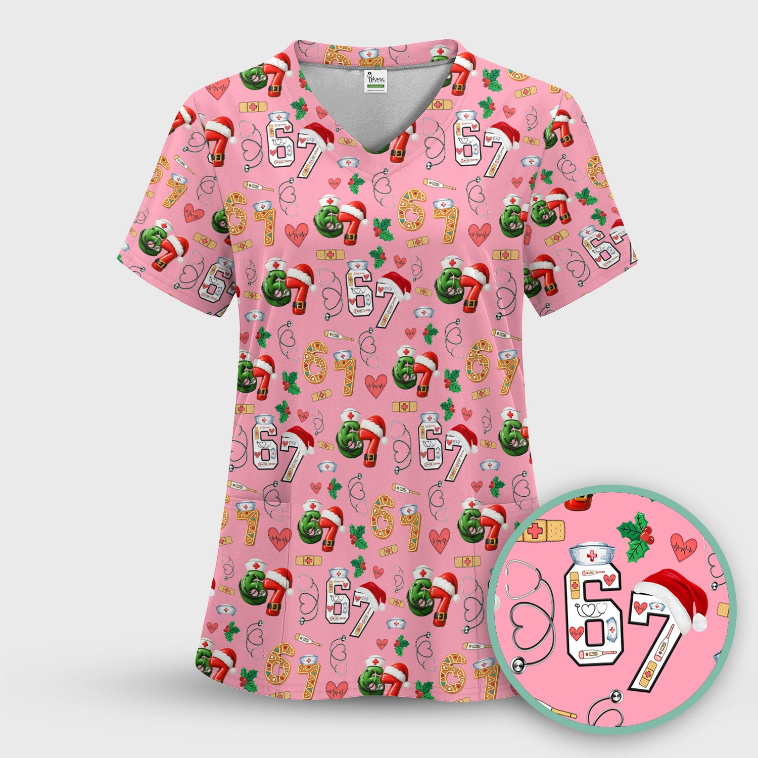Christmas Nurse 67 Pattern Scrub Top, Cute Holiday Medical Shirt With Santa Hat, Uniform For Nursing
