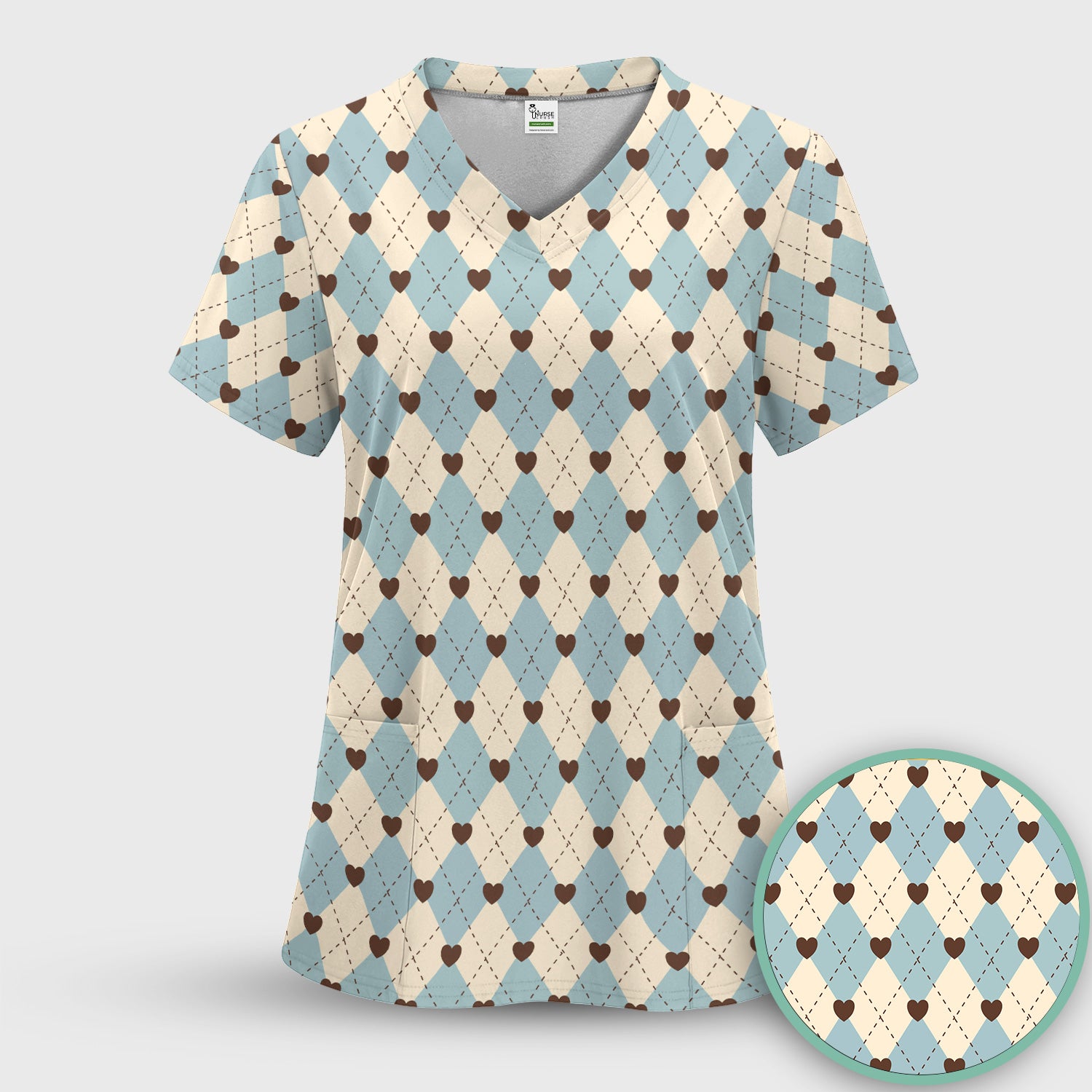 Plaid Heart Pattern Scrubs Sets, Scrub Pants and V Neck Top