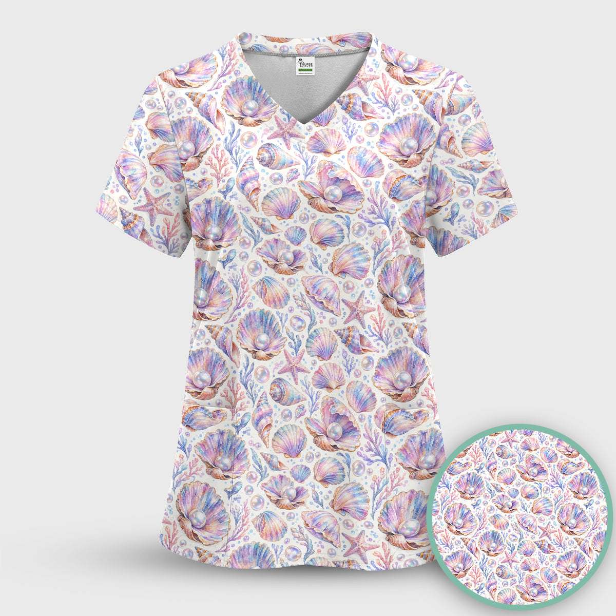 Pastel Seashell And Pearl Pattern Scrub Top, Comfortable Scrubs for Nurses