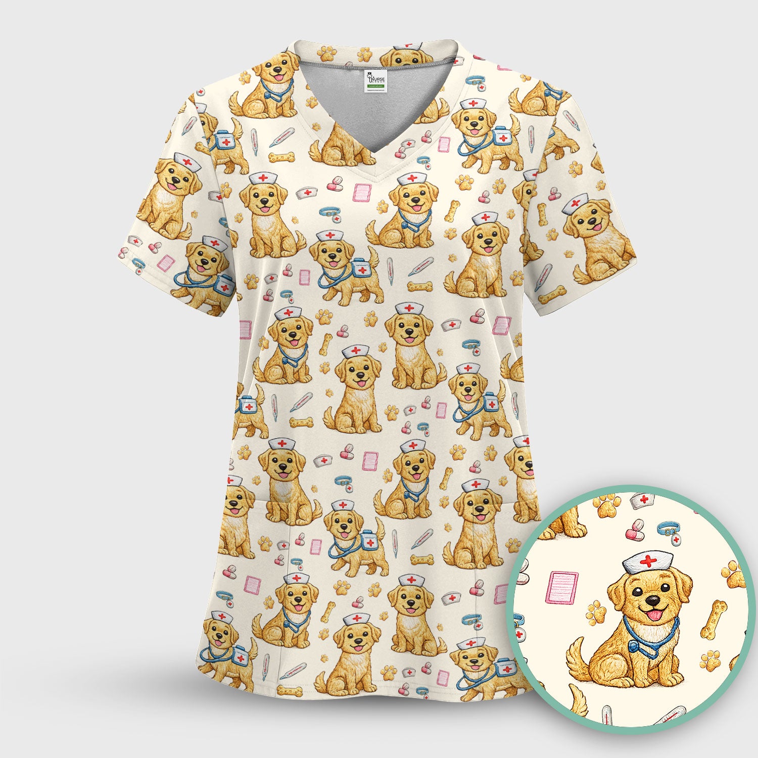 Cute Puppy Nurse Medical Print Scrub Top, Comfortable Scrubs for Nurses