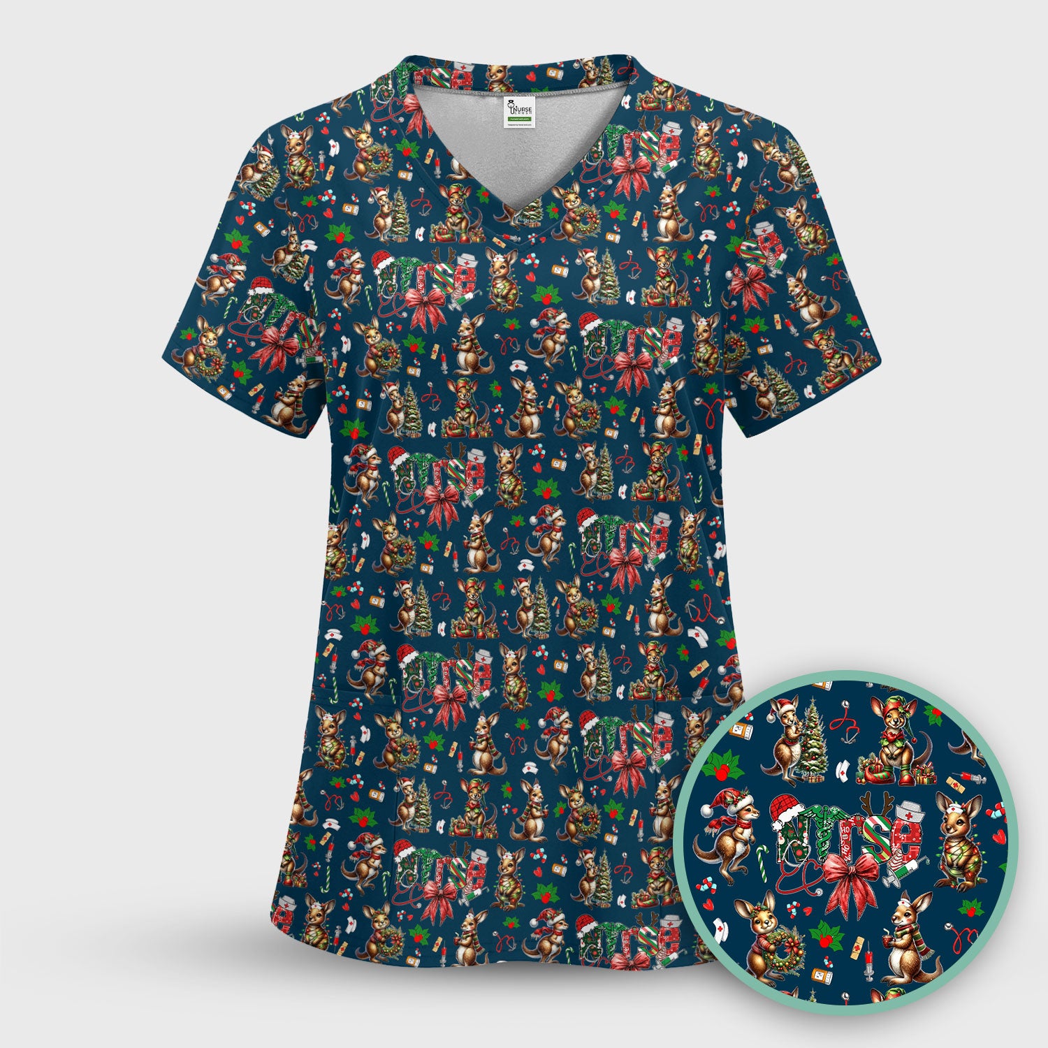Whimsical Kangaroo Christmas Scrub Top – Festive Australian Animals Holiday Pattern – Cute Medical Uniform for Nurses, Vets & Healthcare Workers