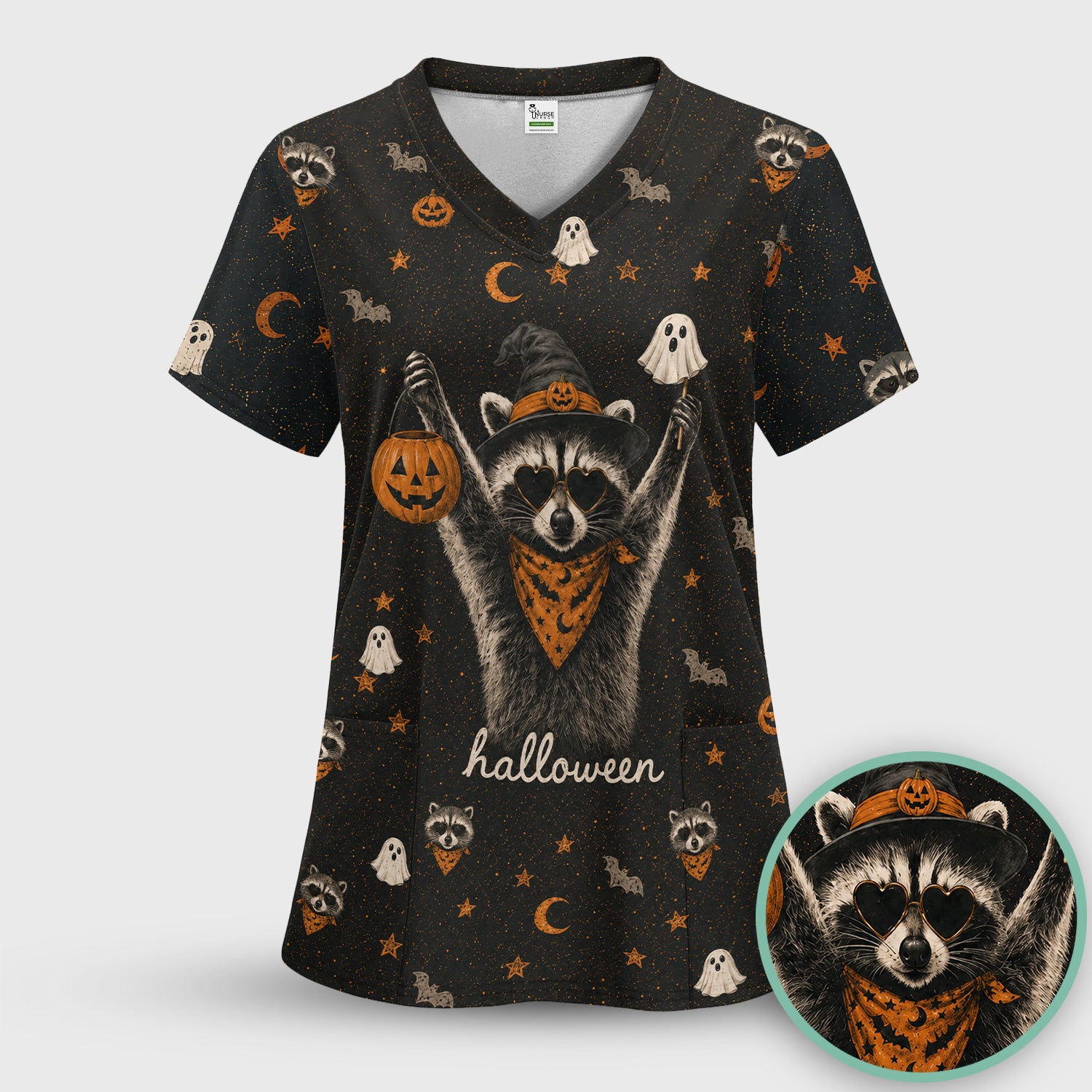 Ghost Pumpkin Raccoon Pattern Scrub Top, Comfortable Scrubs for Nurses