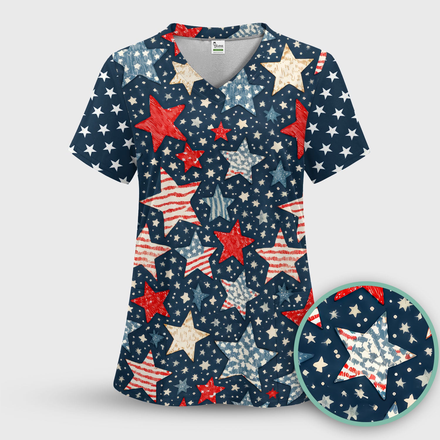 Patriotic Star Pattern Women's Scrub Set, Scrub Pants and V Neck Top