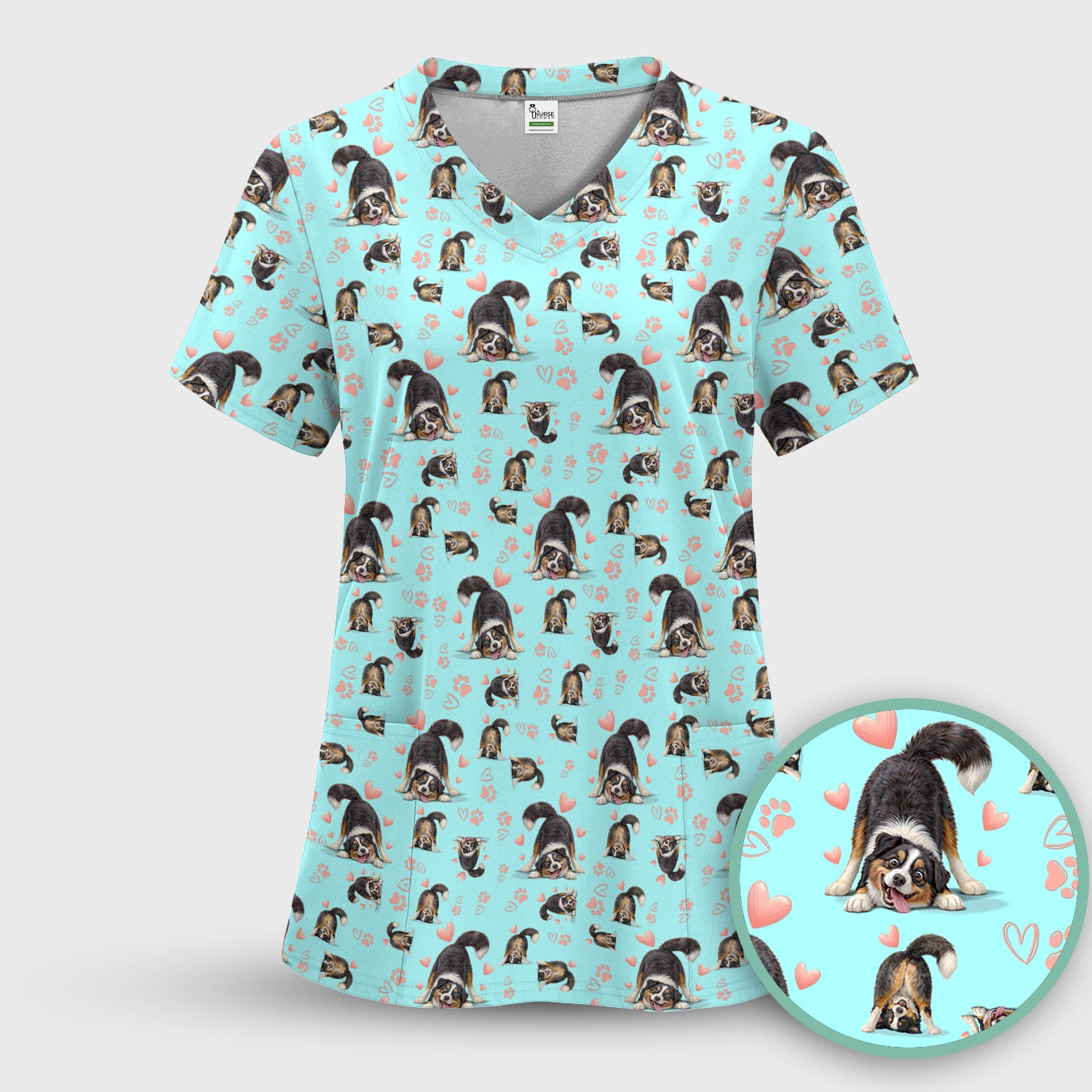 Playful Dog Heart Medical Print Scrub Set, Breathable Med Uniform