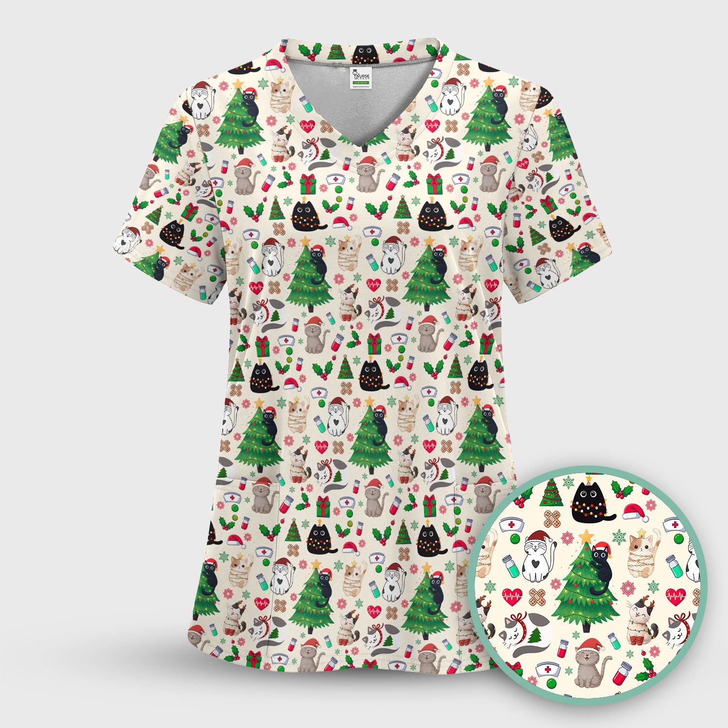 Christmas Cat Scrub Top, Xmas Pet Pattern Scrub Shirt, Breathable Fabrics Nursing Uniform