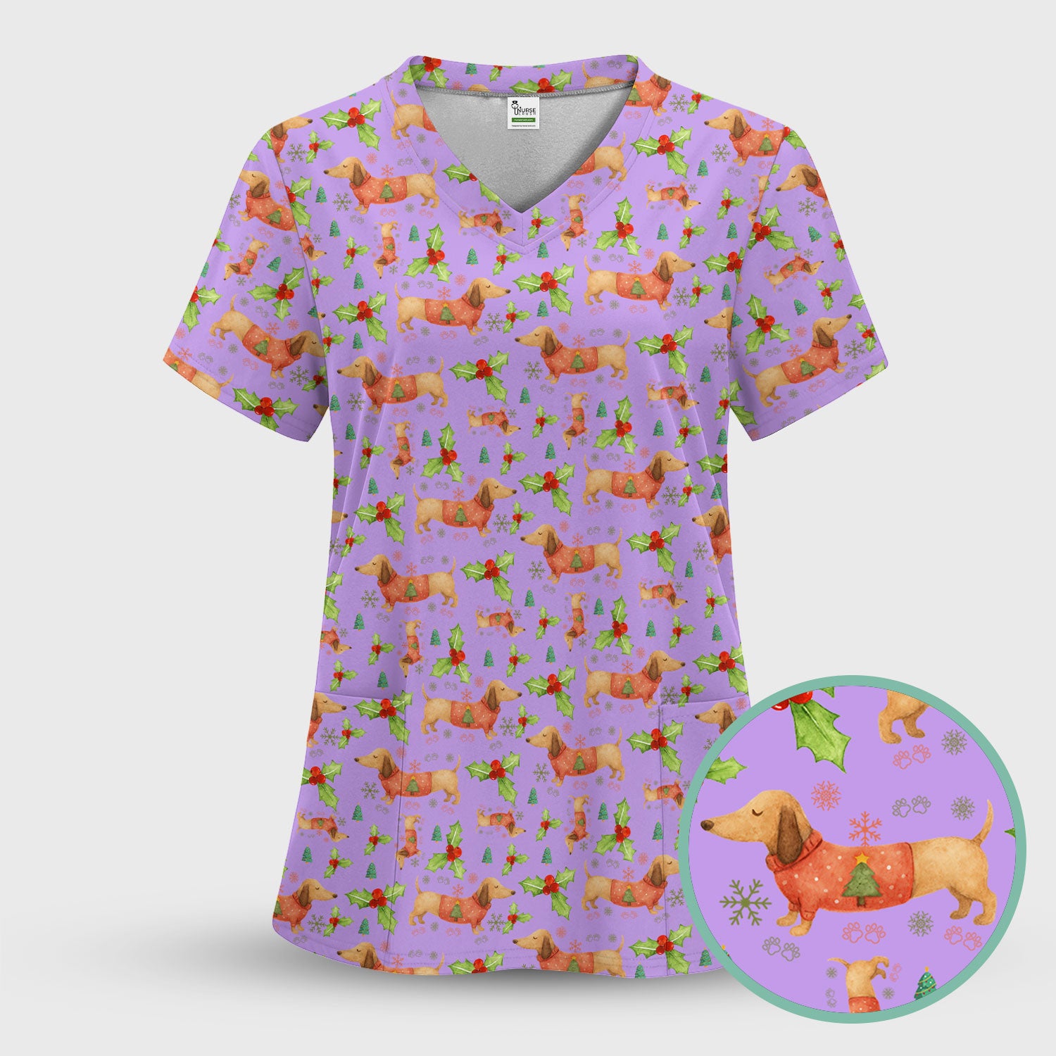 Festive Dachshund Scrub Top - Cute Sausage Dog Christmas Medical Uniform - Wiener Puppy Lover Gift