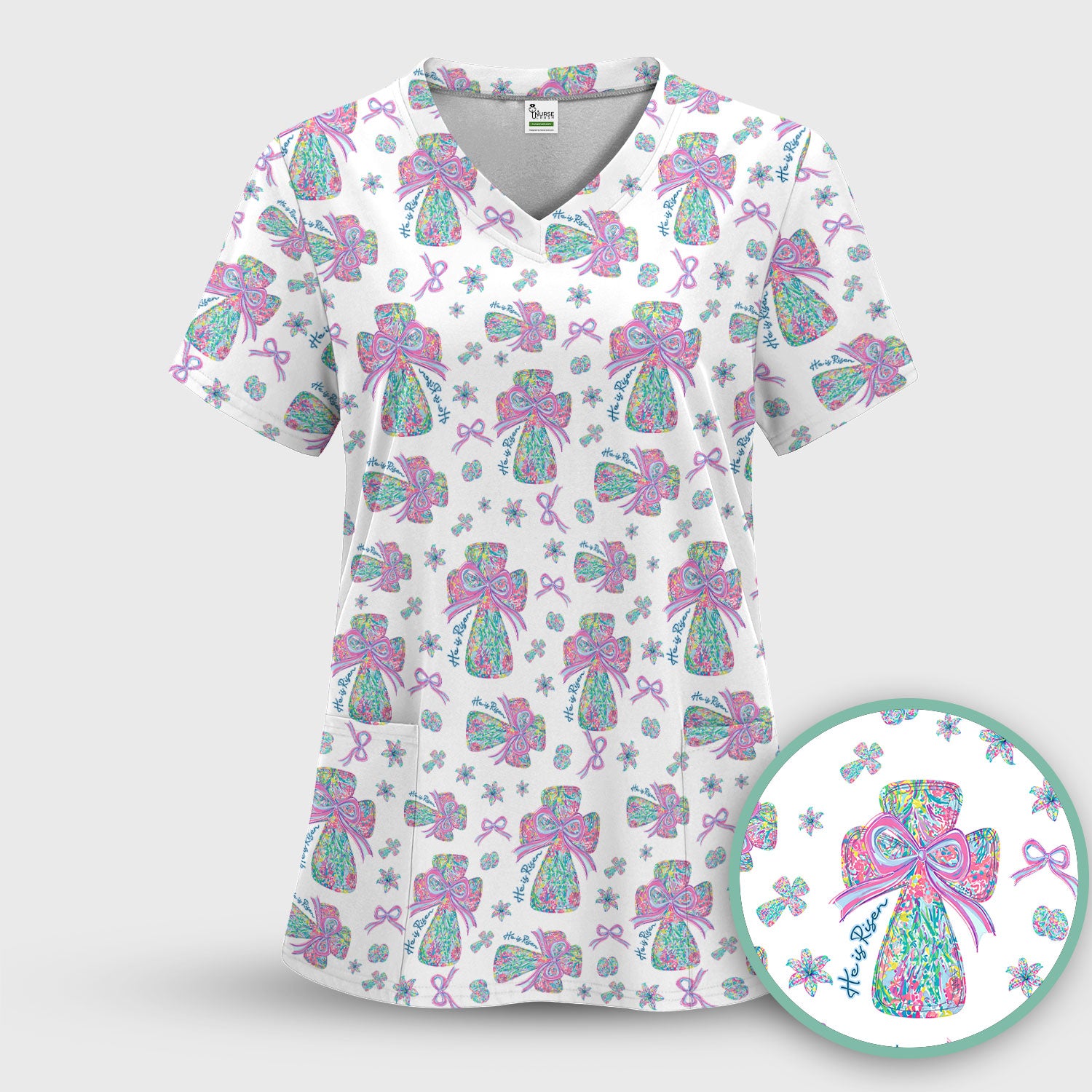 Colorful Bow Pattern Scrub Top, Breathable Fabrics Nursing Uniform