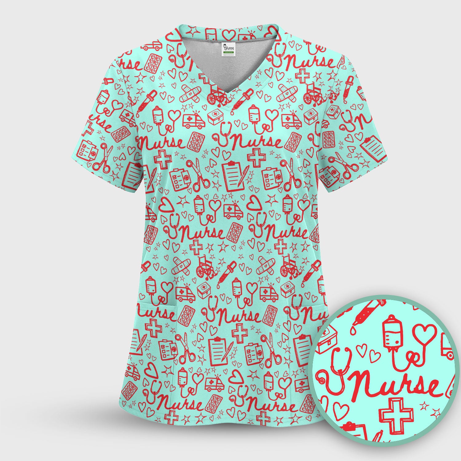 Cute Nurse Heart Medical Pattern Scrub Set, Breathable Med Uniform