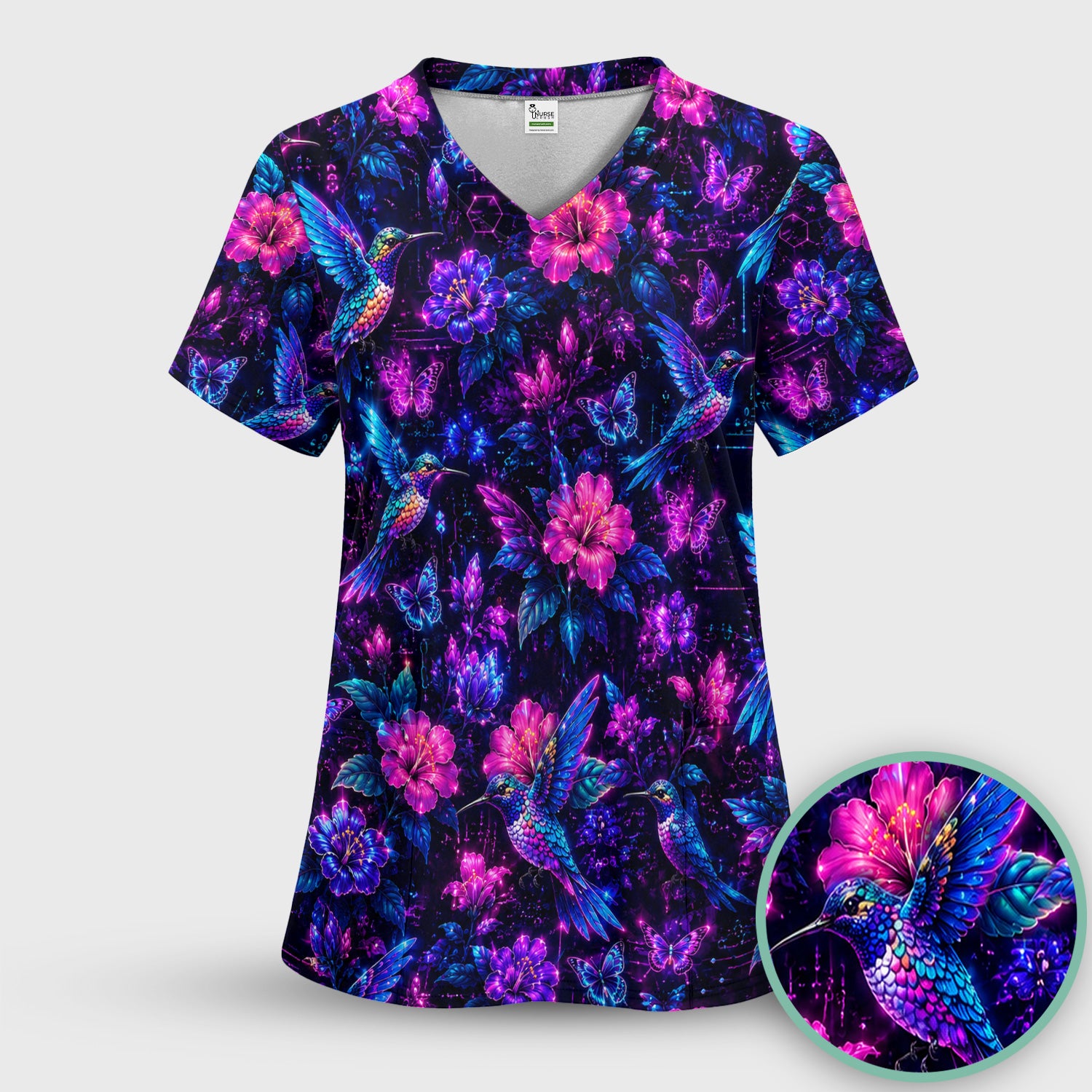 Neon Hummingbird Butterfly Bloom Pattern Scrub Top, Comfortable Scrubs for Nurses
