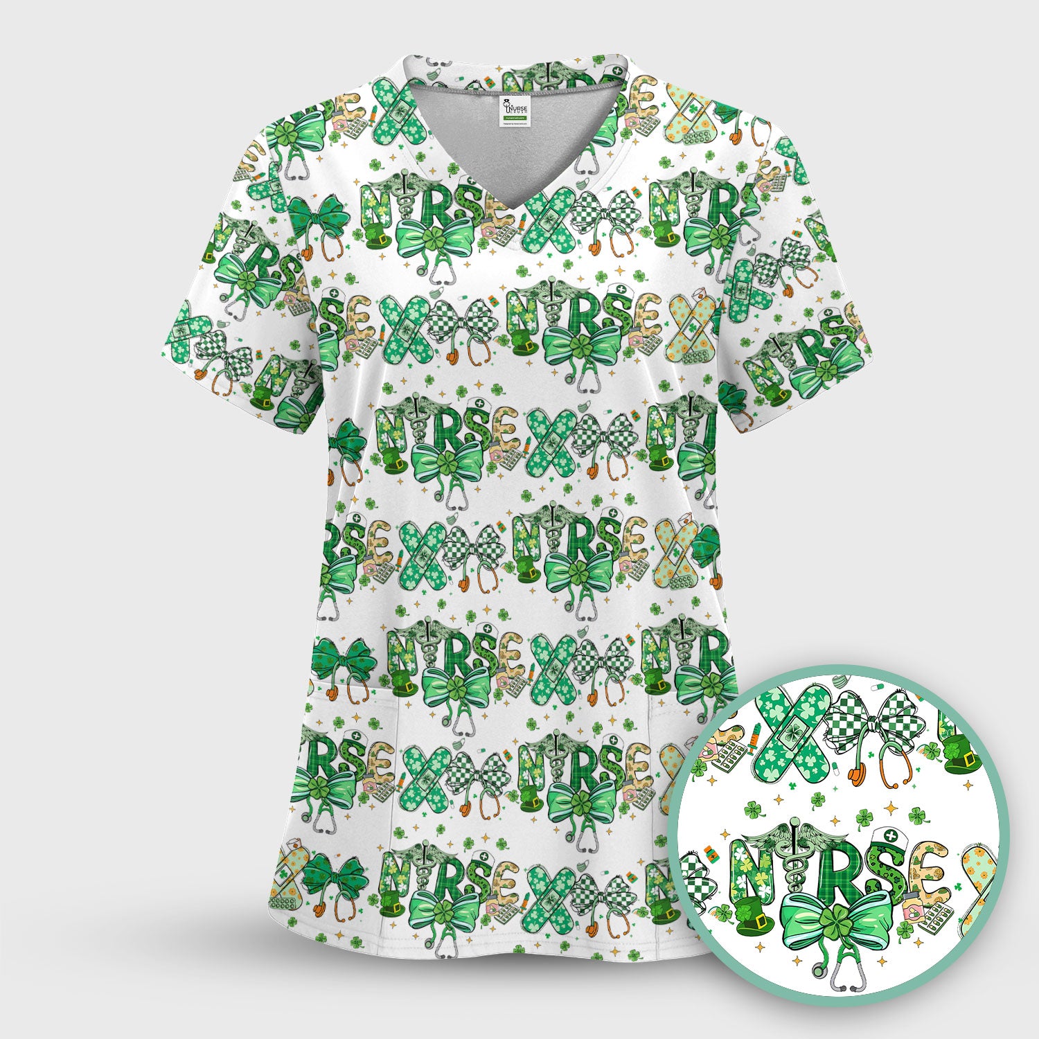 St. Patrick’s Nurse Scrub Top, Lucky Clover And Green Bow Pattern Nurse Shirt, Breathable Fabrics Nursing Uniform