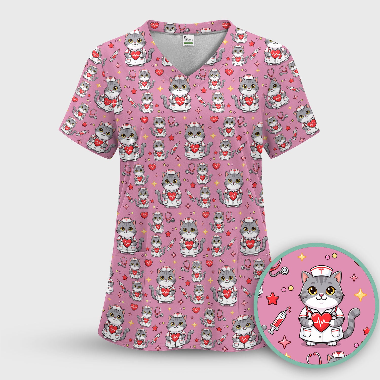 Cute Nurse Cat Heart Medical Print Scrub Top, Comfortable Scrubs for Nurses