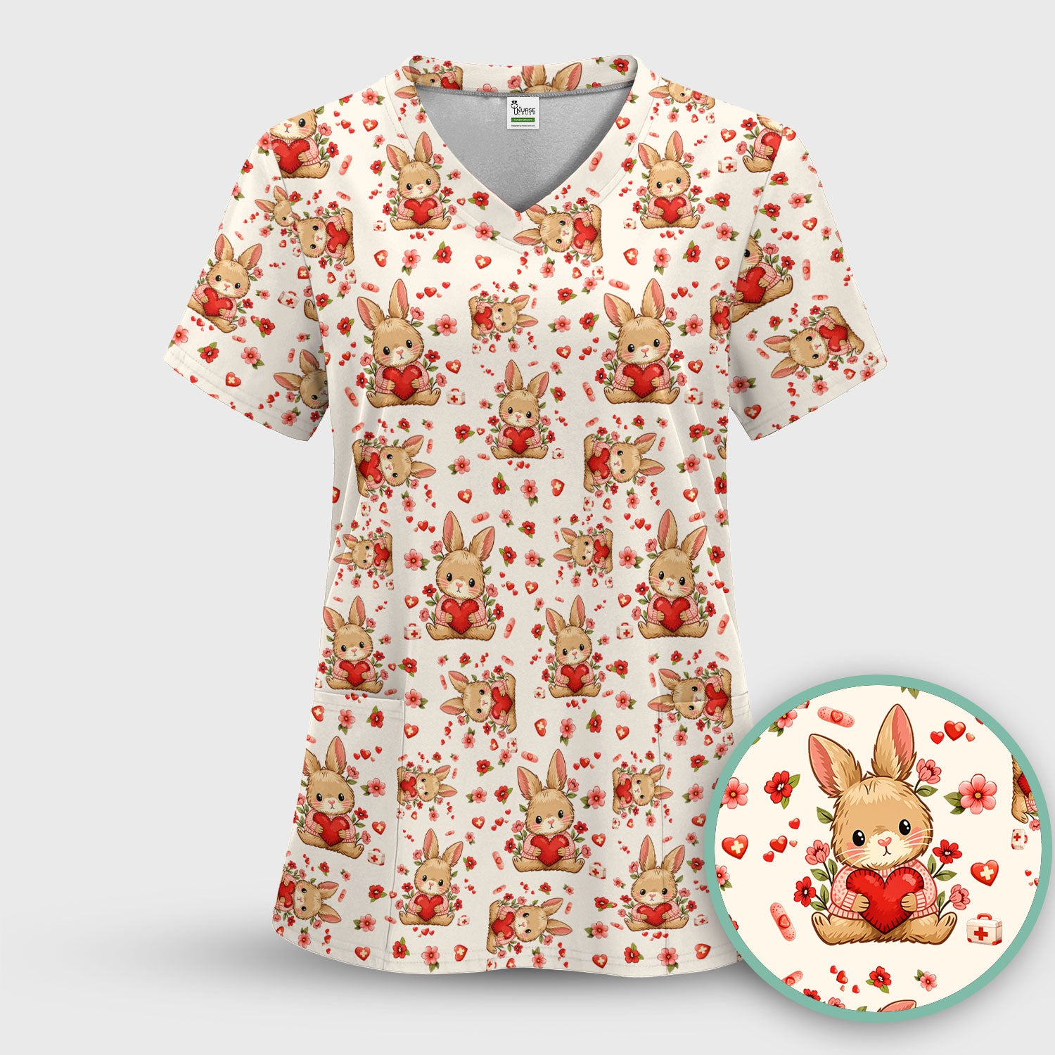Adorable Bunny Heart Healthcare Design Scrub Top, Comfortable Scrubs for Nurses, Easter