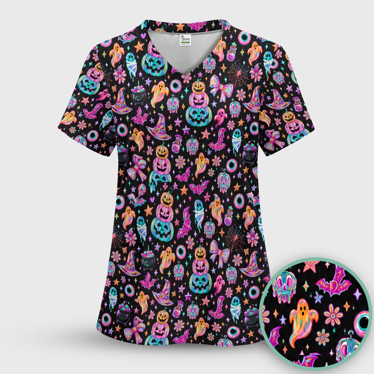 Halloween Ghost with Pumpkin Bat Print Scrub Top, Comfortable Scrubs for Nurses