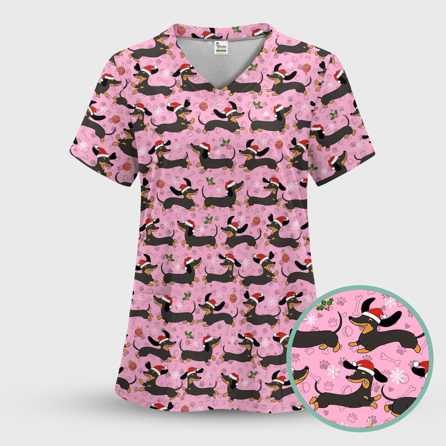 Christmas Wiener Dog Scrub Top - Cute Dachshund in Santa Hat - Funny Holiday Nurse Shirt for Women RN LPN CNA Medical Gift