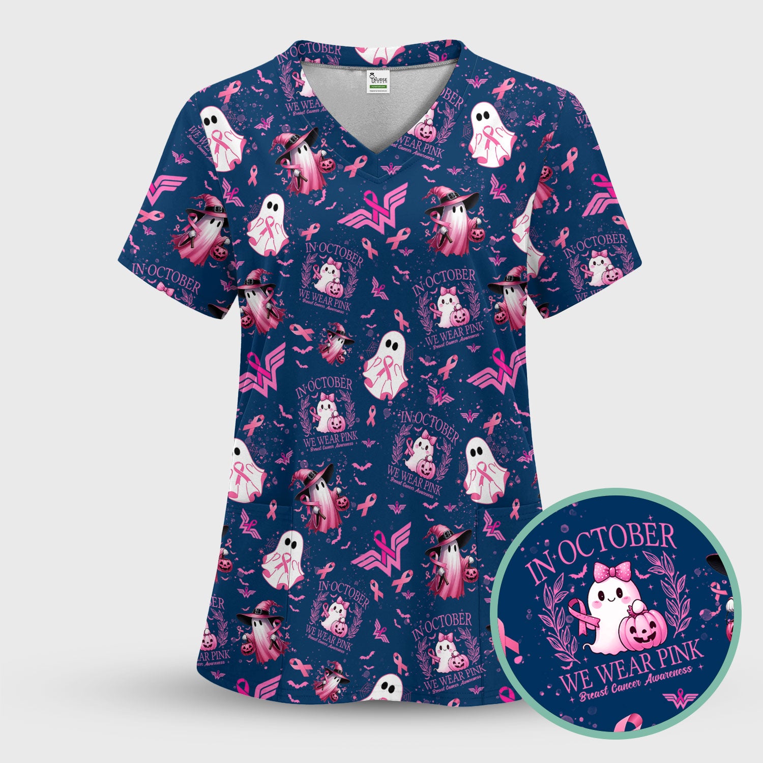Halloween Breast Cancer Awareness Scrub Top - In October We Wear Pink Nurse Shirt - Cute Ghost Witch Pink Ribbon Medical Uniform