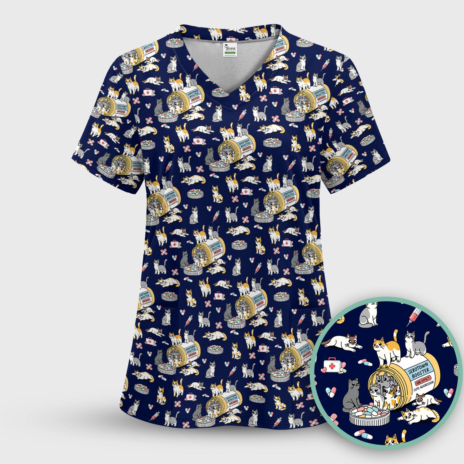 Cute Cat Serotonin Booster Pattern Scrub Top, Comfortable Scrubs for Nurses