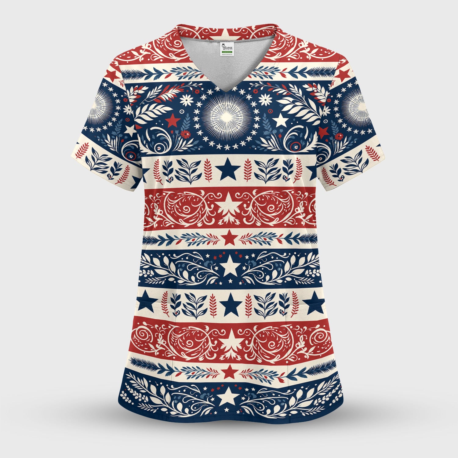 Patriotic Americana Starburst Floral Pattern Scrub Set, Scrub Pants and V Neck Top