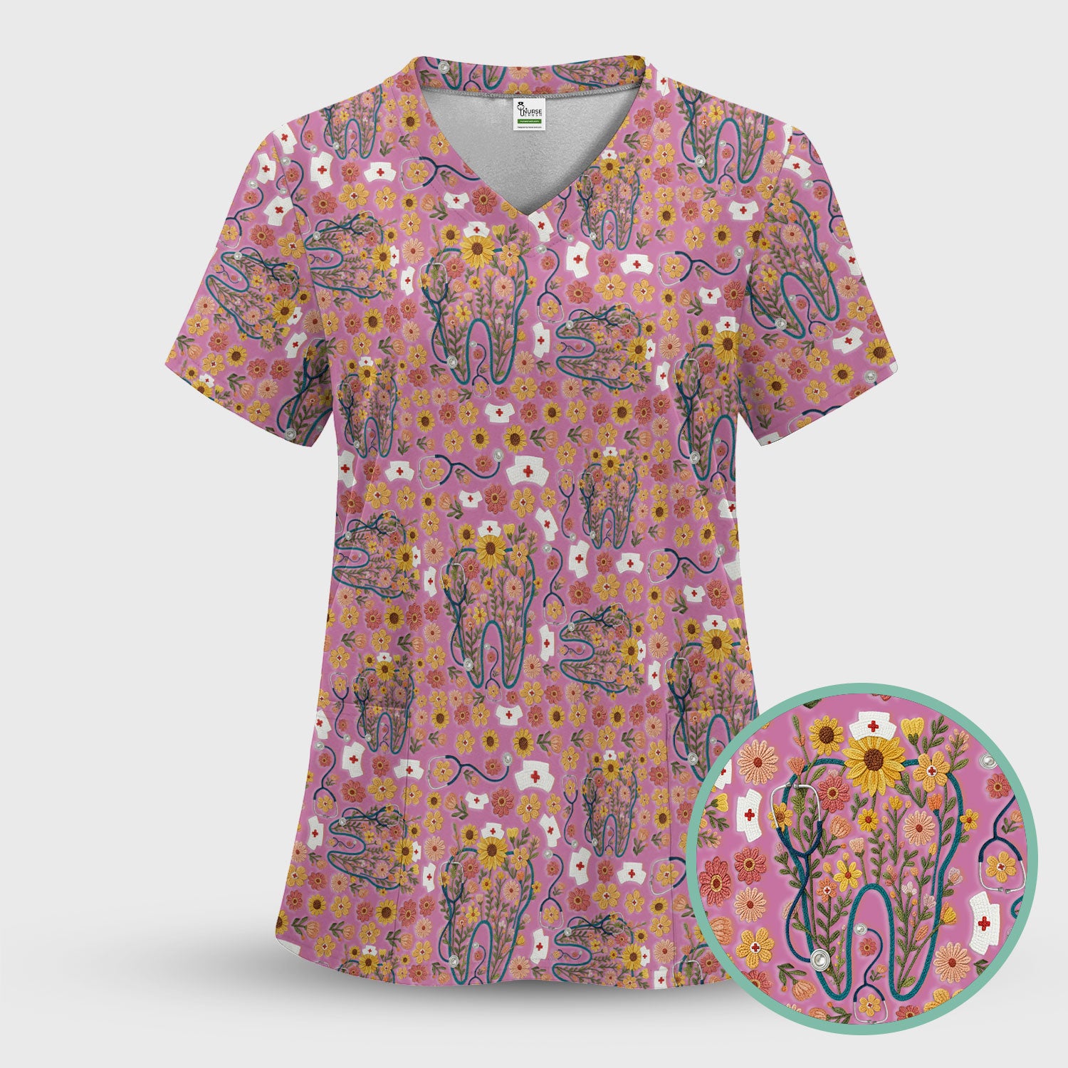 Boho Floral Tooth Scrub Top - Aesthetic Dental Scrubs for Women - Cute Flower Tooth Pattern Medical Uniform - Hygienist Christmas Gift