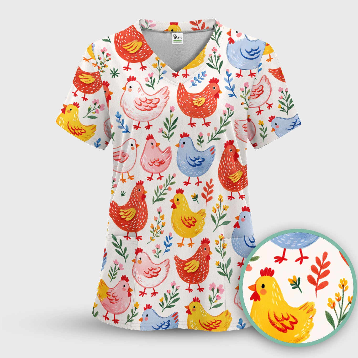 Fun Cartoon Hen Print Scrub Top,  Breathable Fabrics Nursing Uniform
