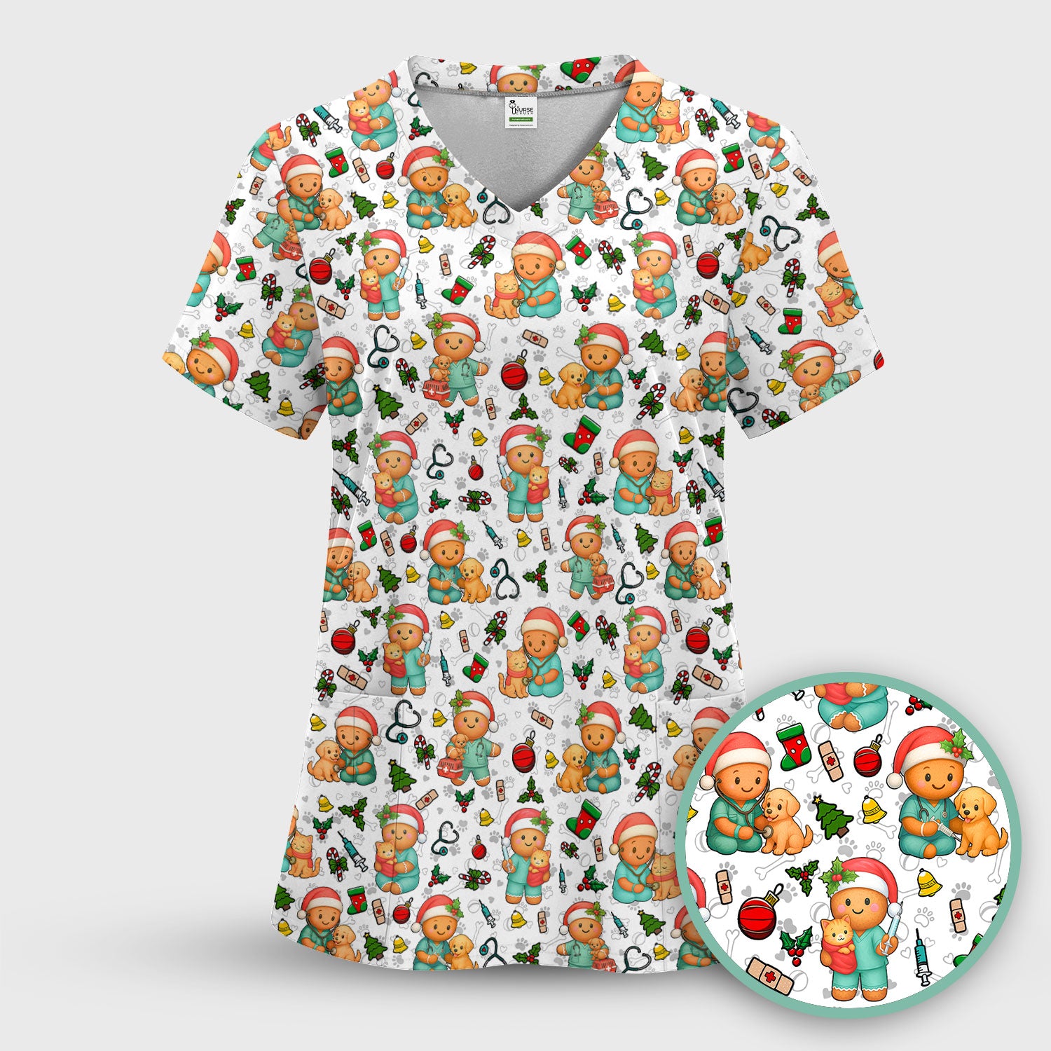 Cute Pharmacy Christmas Scrub Top – Funny Gingerbread Nurse Print Shirt – Festive Holiday Medical Uniform for Pharmacy Tech and Doctor