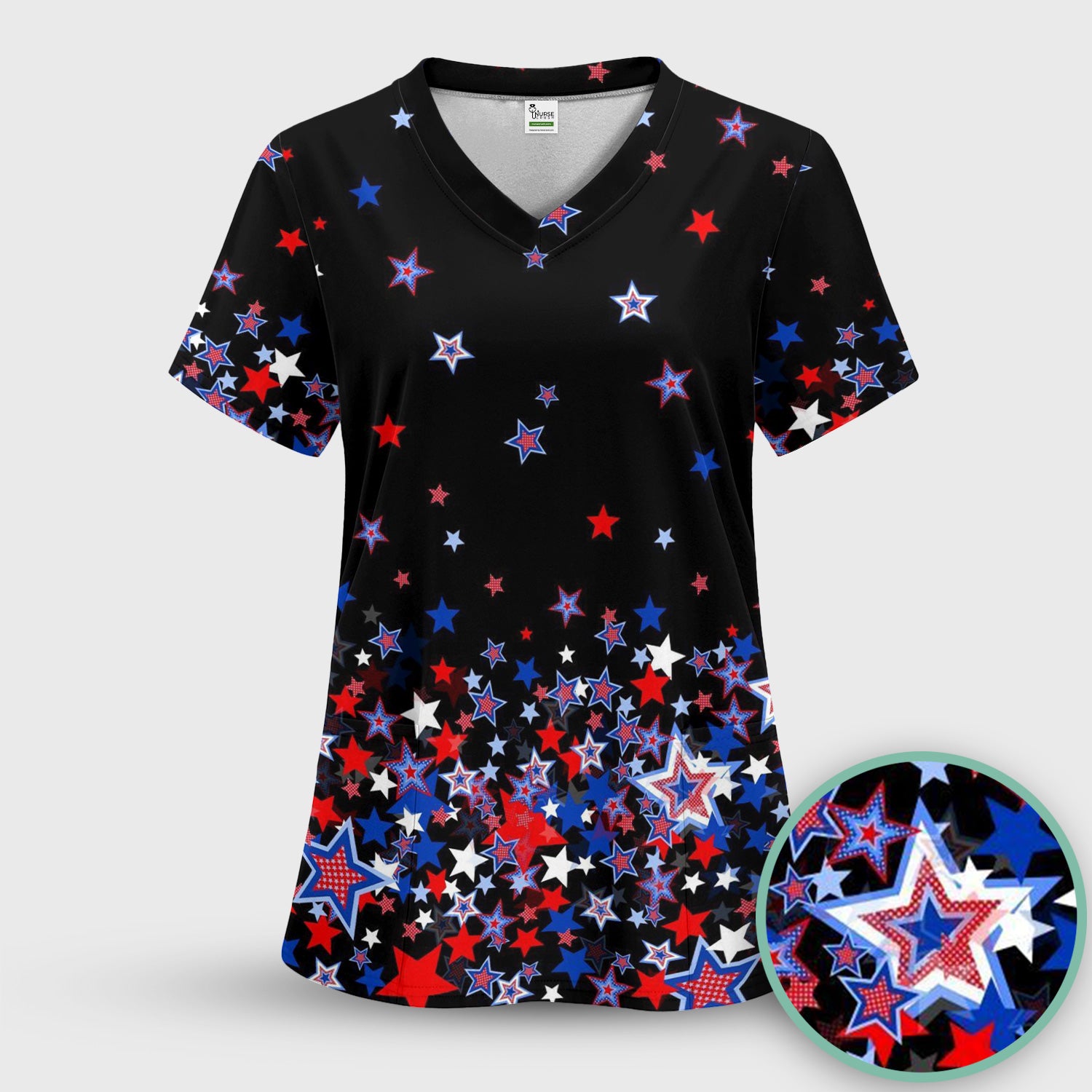Festive Patriotic Red Blue Star Pattern Scrub Set, Scrub Pants and V Neck Top