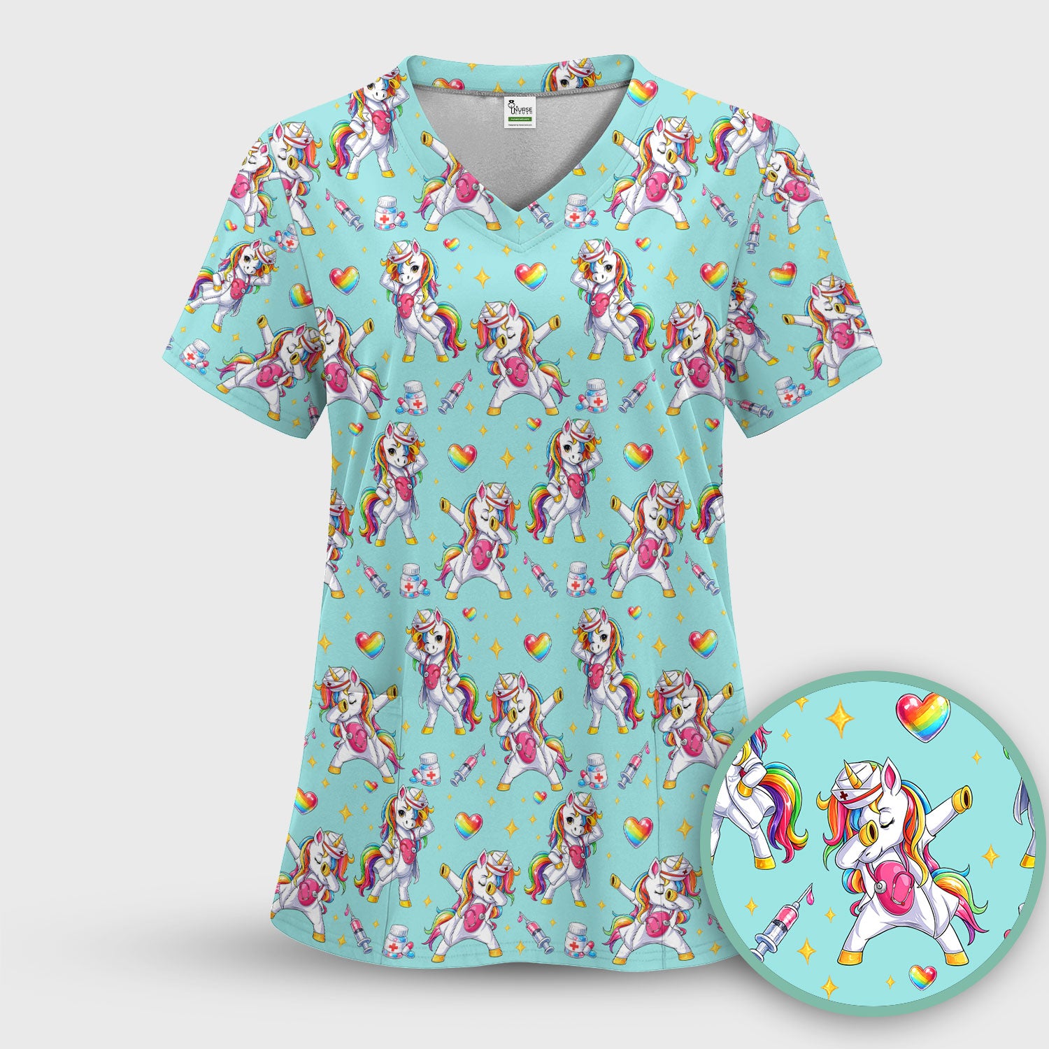 Playful Nurse Unicorn Rainbow Pattern Scrub Top, Comfortable Scrubs for Nurses