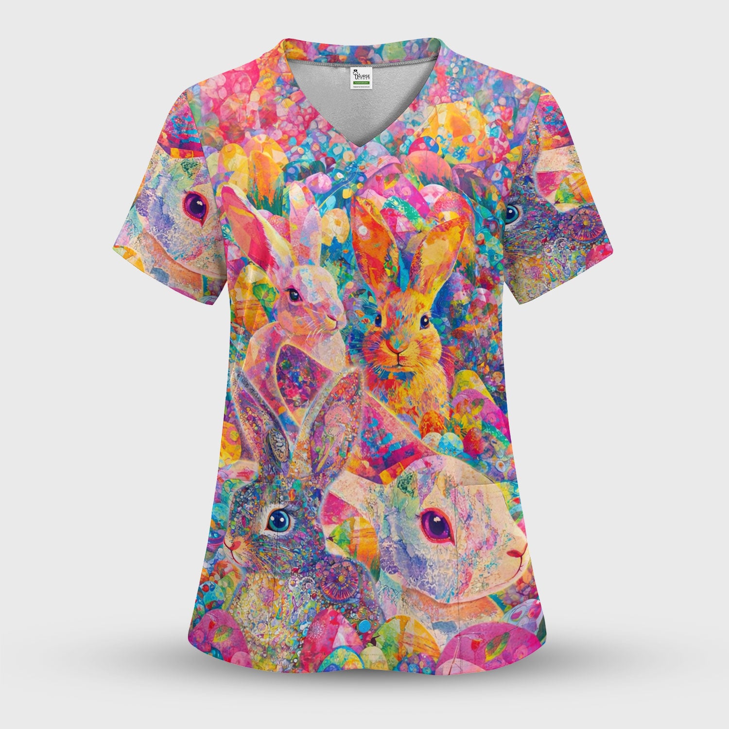 Colorful Artistic Bunny Print Scrub Top, Breathable Fabrics Nursing Uniform, Easter