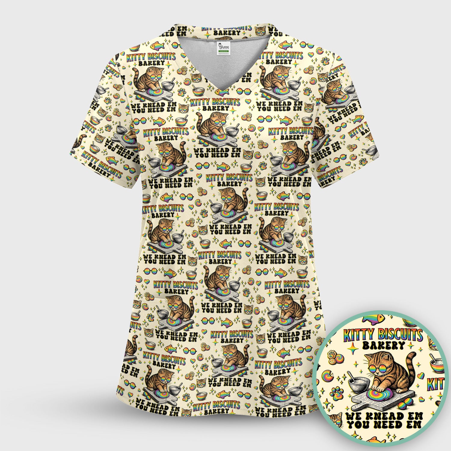 Pride Nurse Cat Baking Rainbow Dough Pattern Scrub Top, Breathable Fabrics Nursing Uniform