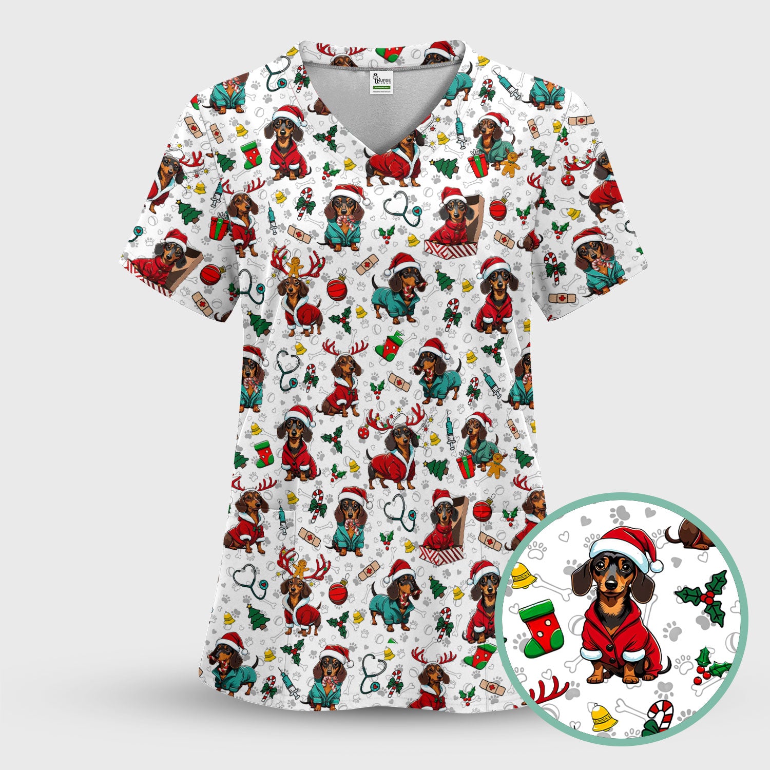 Christmas Dachshund Scrubs for Nurses - Cute Sausage Dog Holiday Scrub Top - Funny Reindeer & Santa Medical Shirt for Women