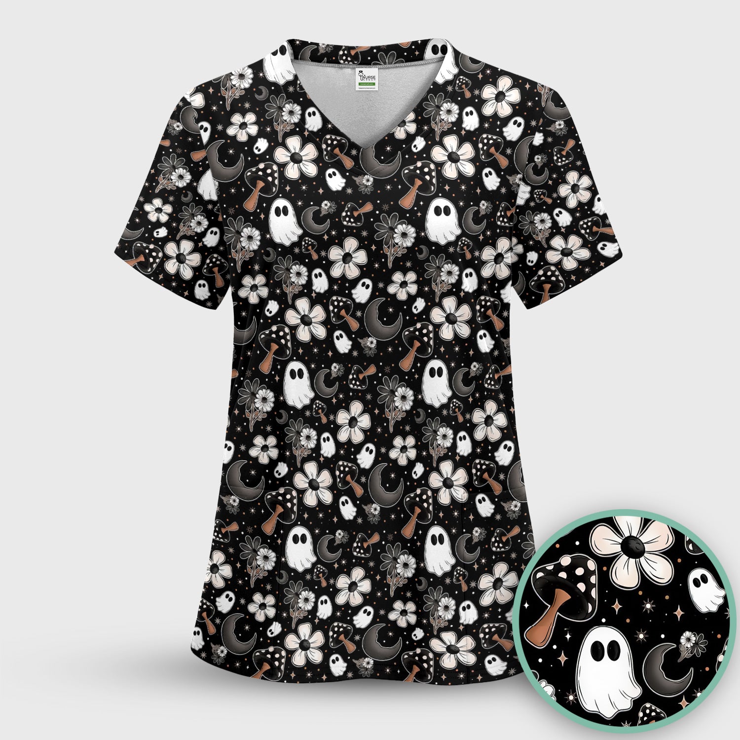 Floral Mushroom Ghost Pattern Scrub Top, Comfortable Scrubs for Nurses