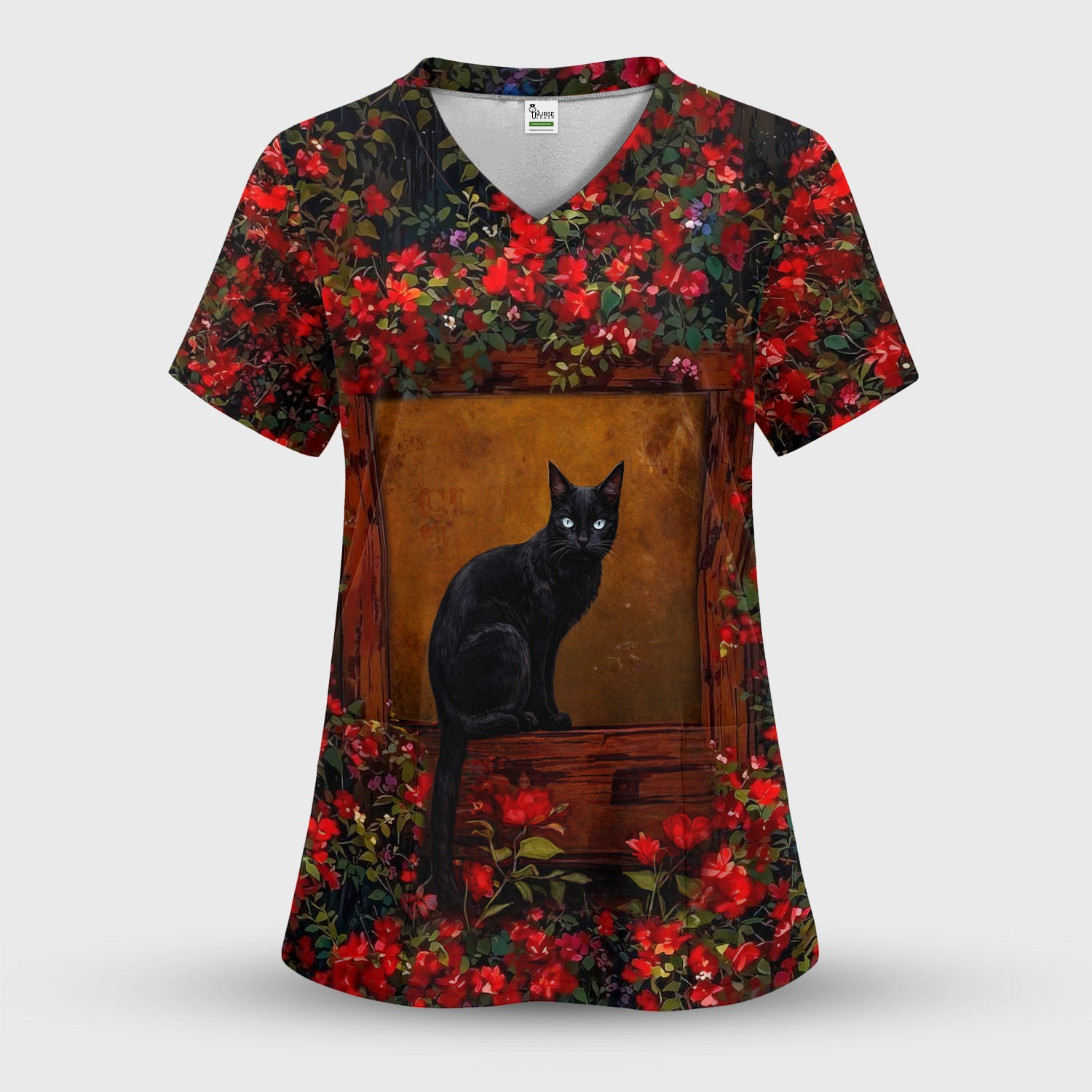Black Cat Sitting By Red Floral Garden Window Scrub Set, Scrub Pants and V Neck Top