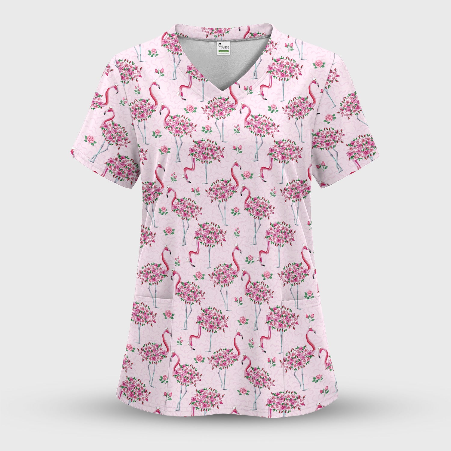 Pink Flamingo Floral Pattern Scrub Top, Comfortable Scrubs for Nurses