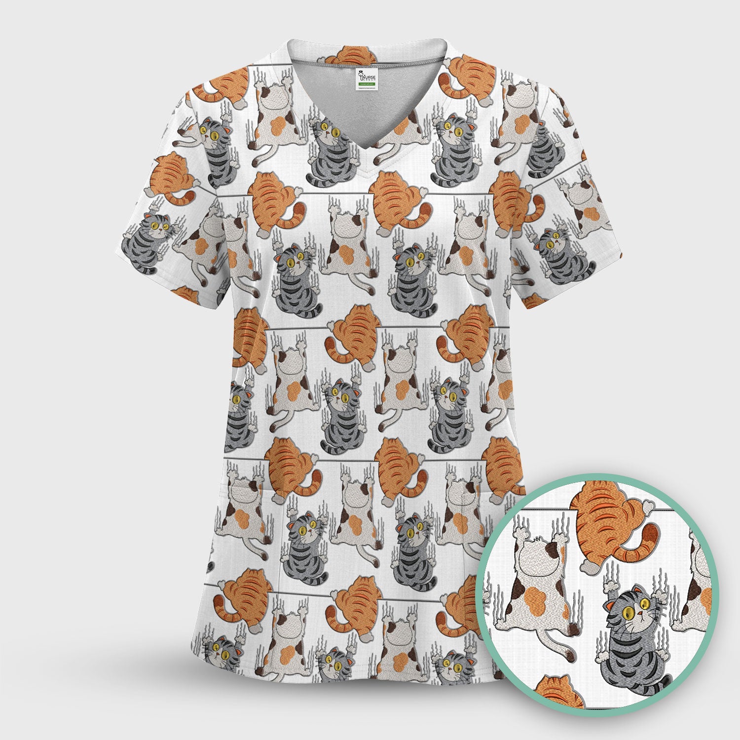Cute Cat Pattern Nurse Scrub Top, Cats Medical Pattern Shirt, Breathable Fabrics Nursing Uniform