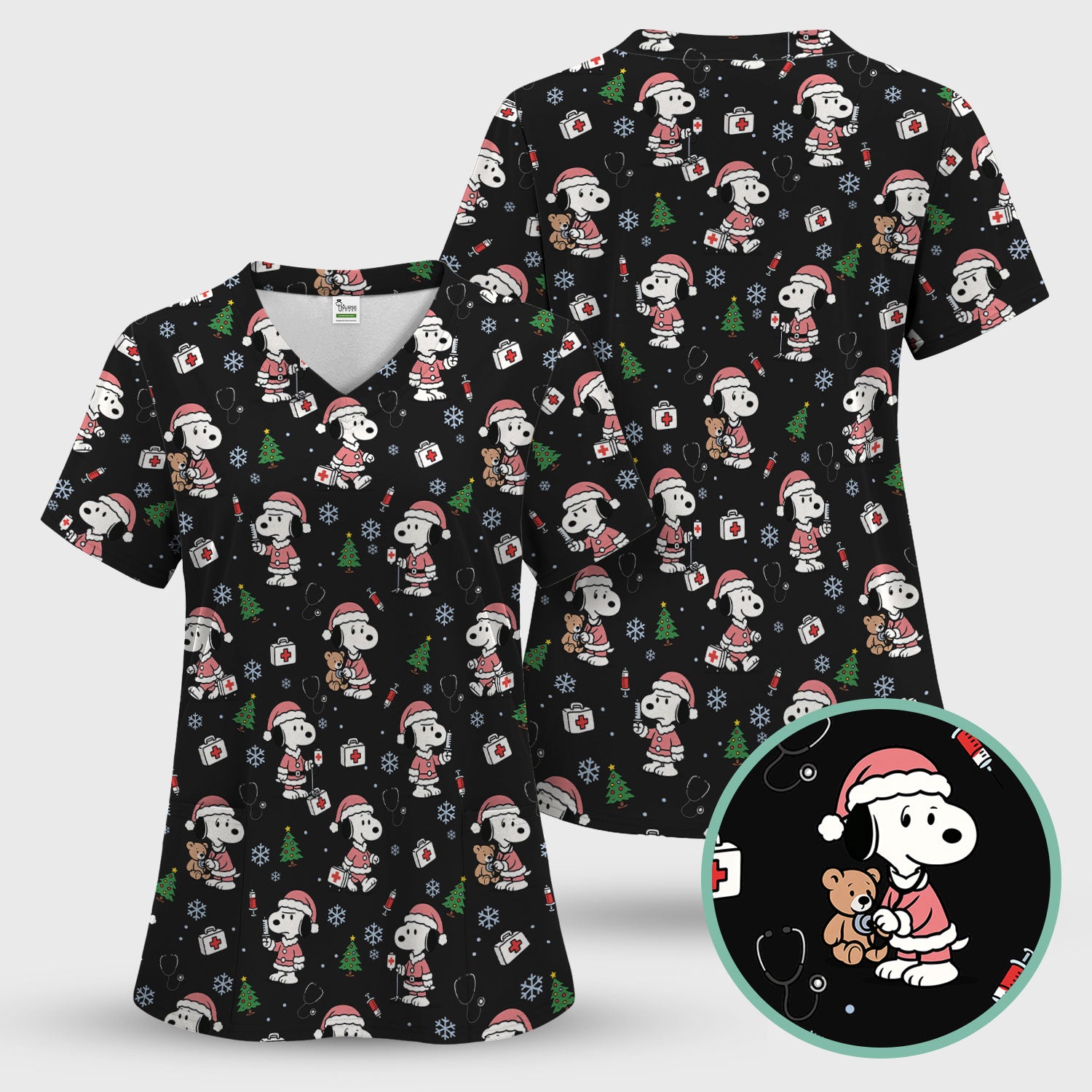Snoopy Christmas Nurse Scrub Top for Women - Cute Cartoon Holiday Medical Uniform with Pockets - Nursing Gift for RN CNA LPN
