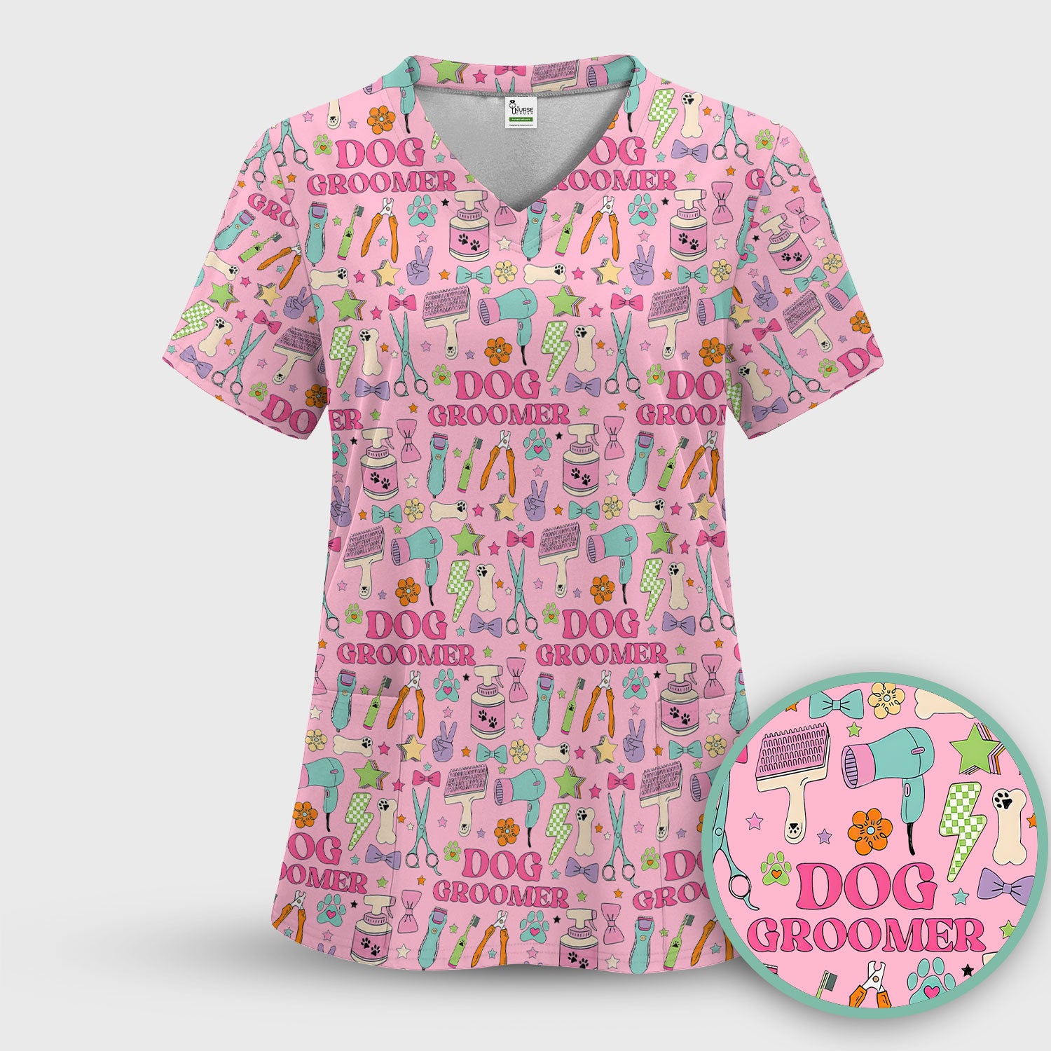 Dog Groomer Tools Pattern Nursing Scrub Top, Comfortable Scrubs for Nurses