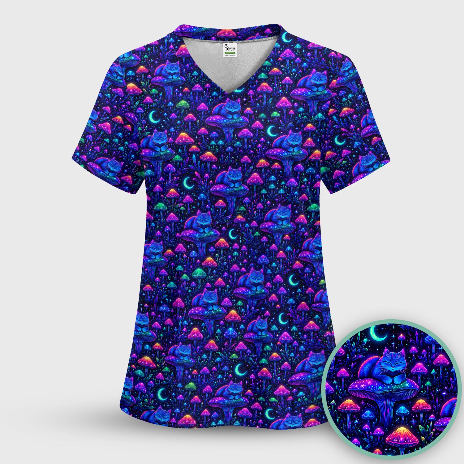 Neon Mushroom Cat Galaxy Scrub Top, Psychedelic Night Forest Nursing Uniform