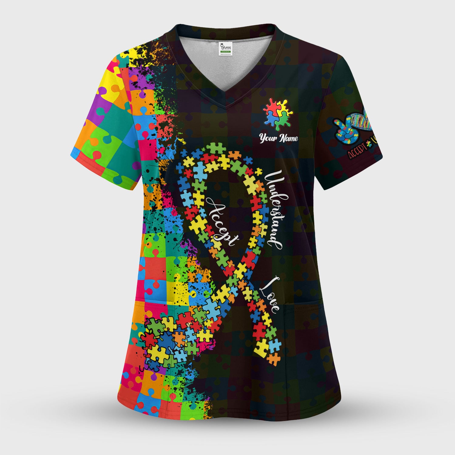 Personalized Autism Awareness Puzzle Ribbon Scrub Set, Breathable Med Uniform