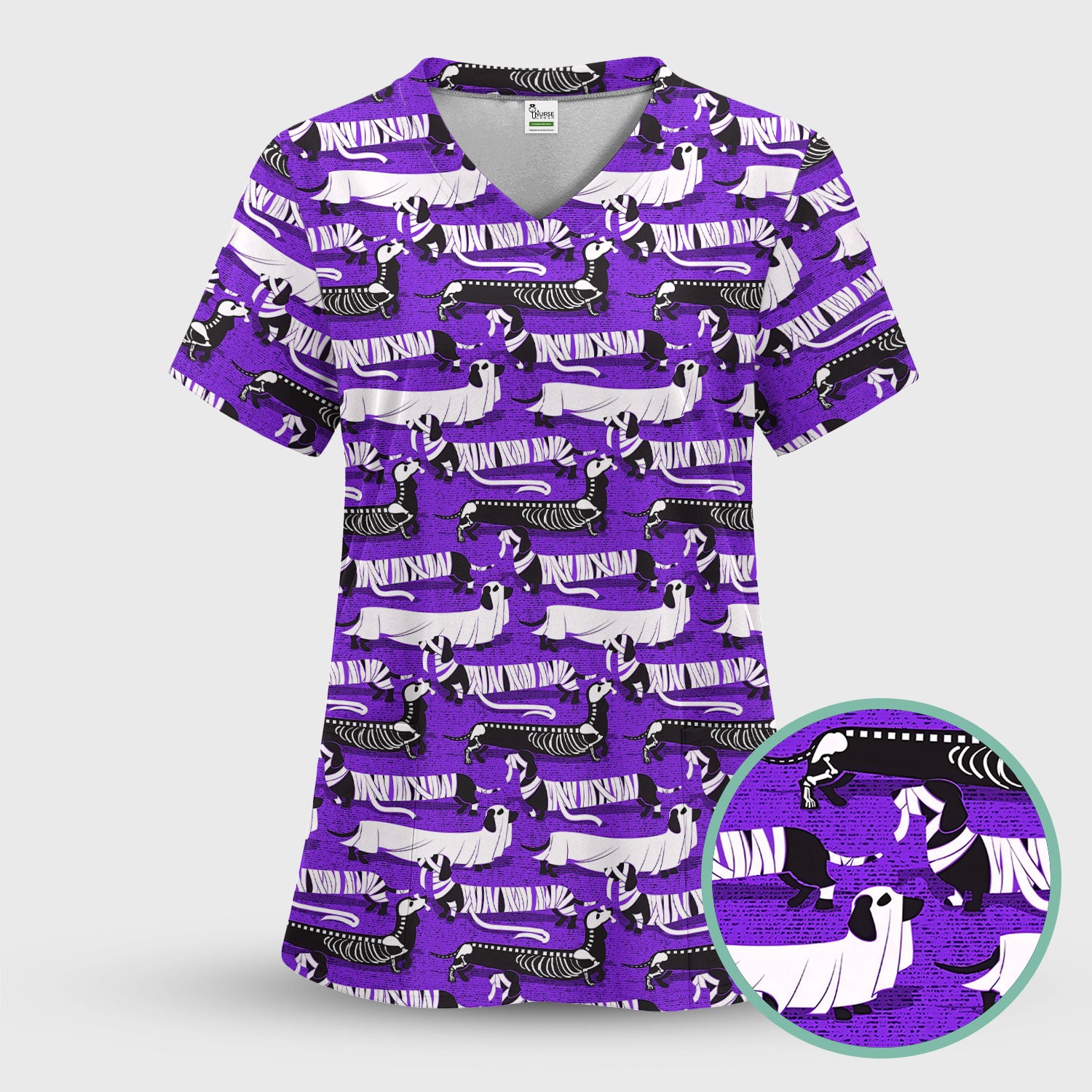 Halloween Scrub Set for Women - Spooky Skeleton Med Uniform - Dachshund Nursing Pants - Ugly Sweater for Wiener Dog Lover